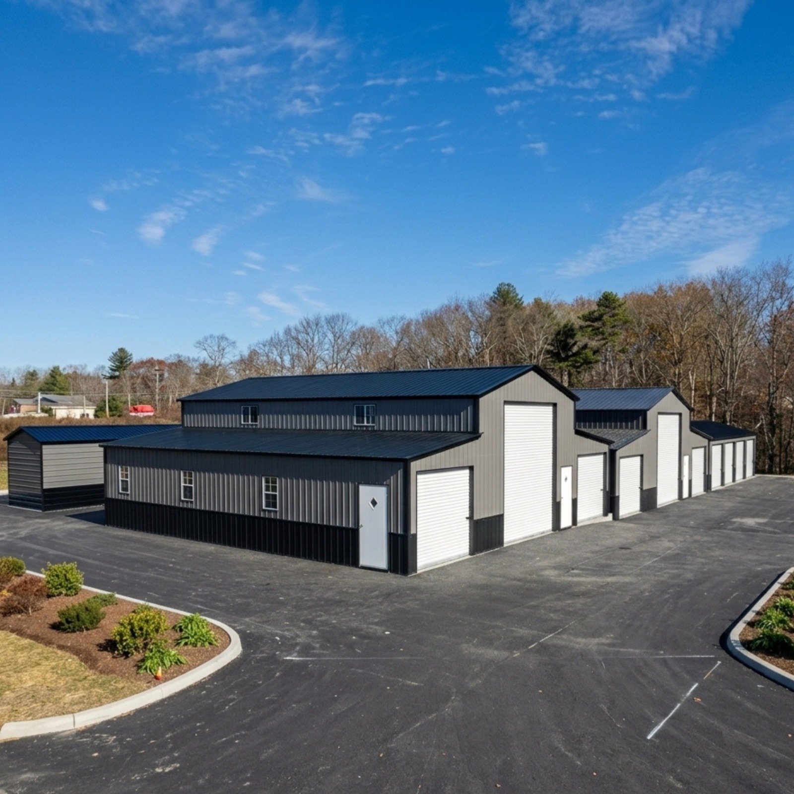 Row of commercial metal buildings with white roll-up doors